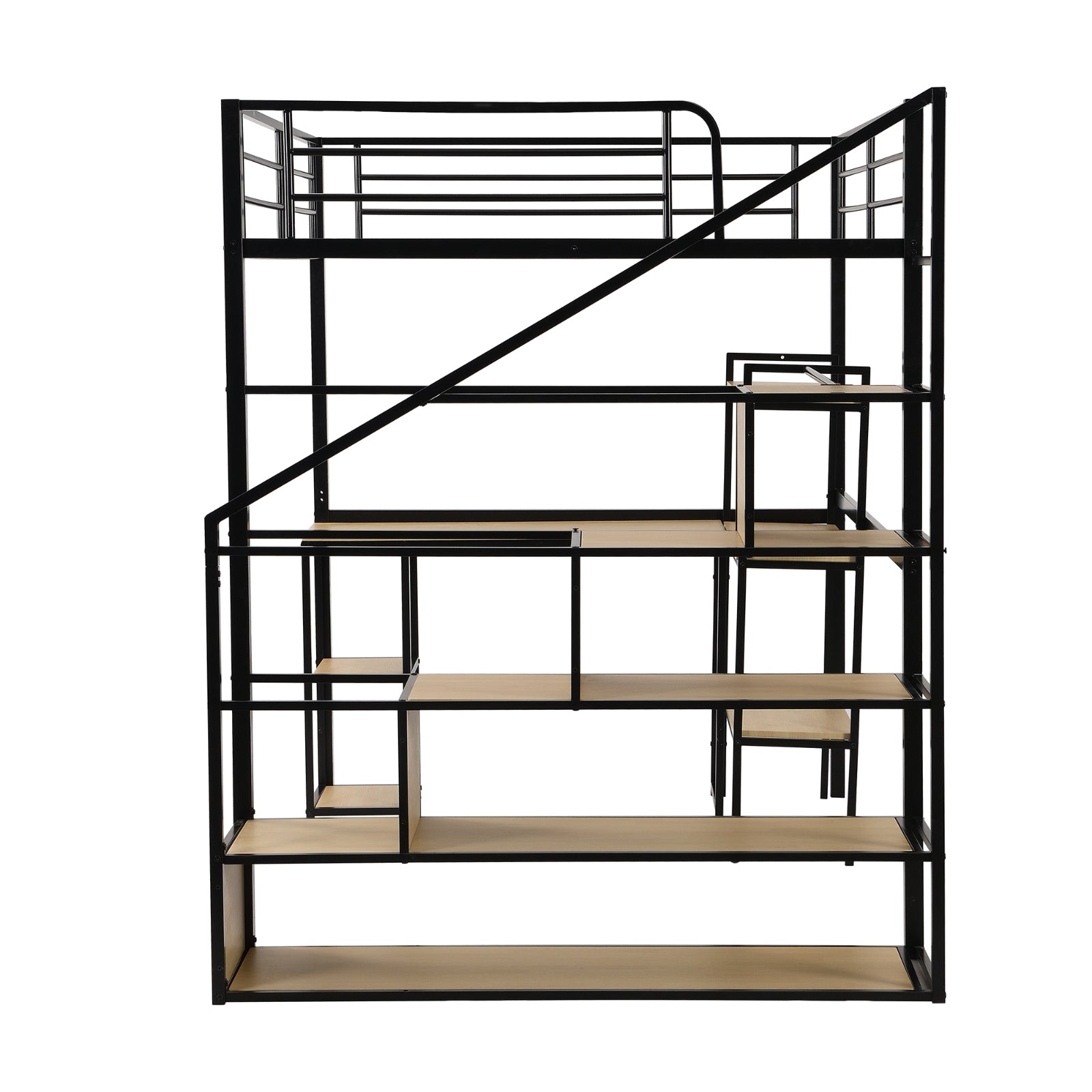 Full Size Metal Loft Bed With Staircase, Built-in Desk And Shelves, Black