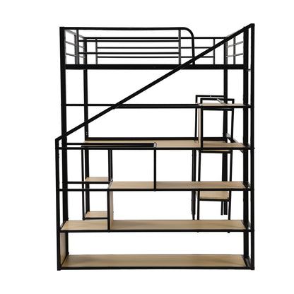 Full Size Metal Loft Bed With Staircase, Built-in Desk And Shelves, Black