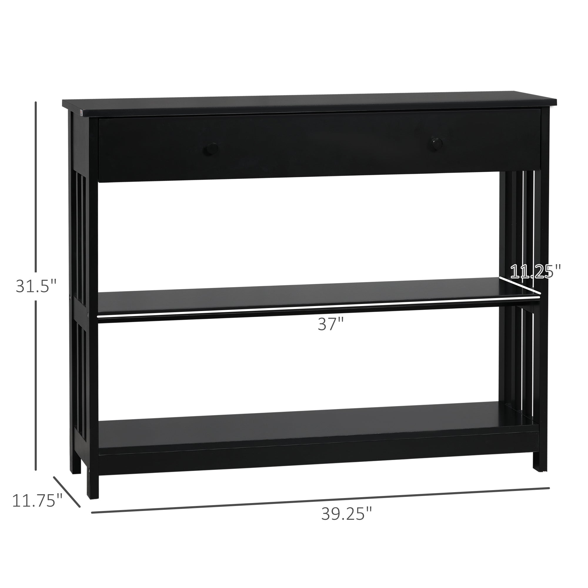 Console Hallway Table with Extra Wide Pull Out Drawer, 2 Open Shelves and Slatted Wood Frame Design, Black