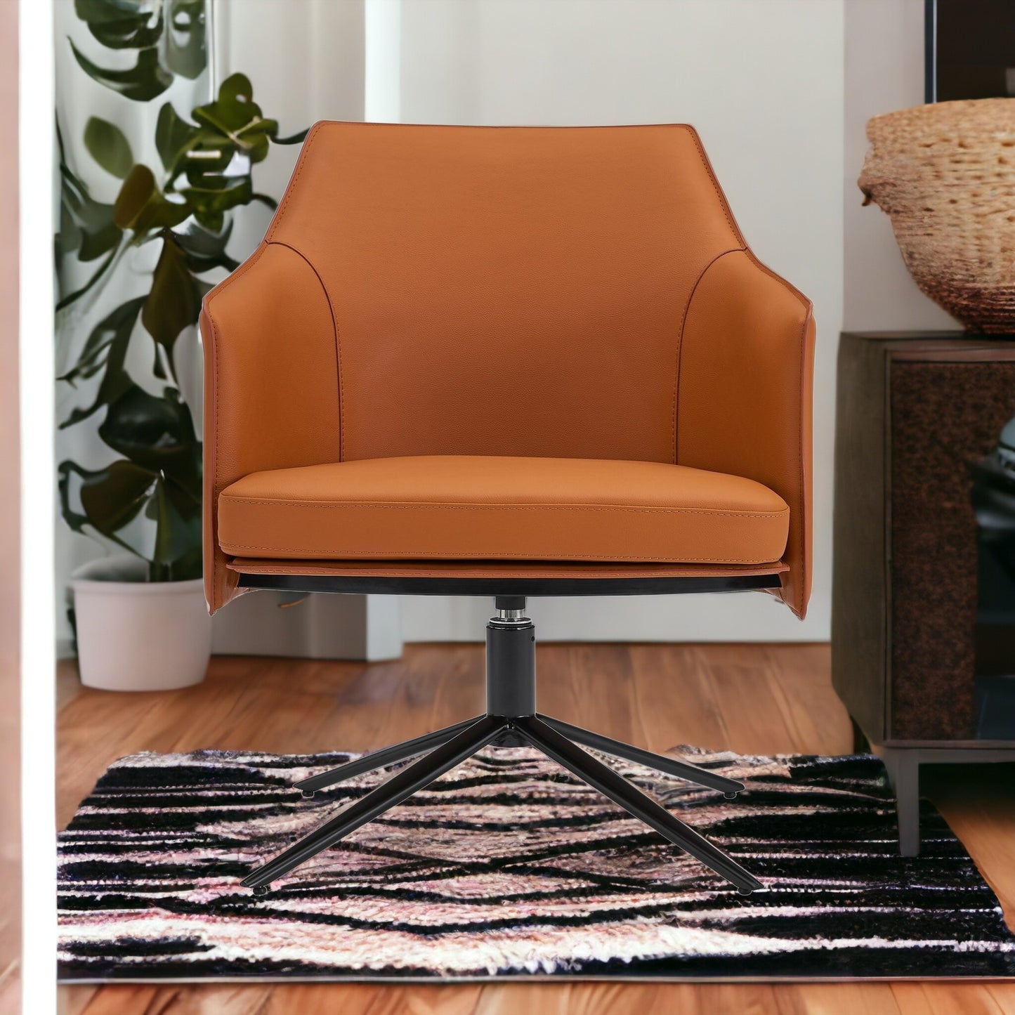 26" Terra Cotta and Black Faux Leather Swivel Lounge Chair