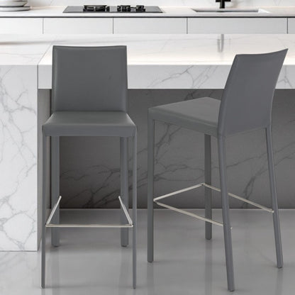 Set of Two 30" Gray Faux Leather and Steel Bar Height Bar Chairs