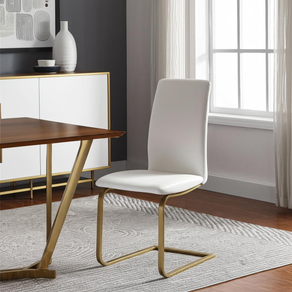 Set of Two White and Gold Upholstered Leather Dining Side Chairs