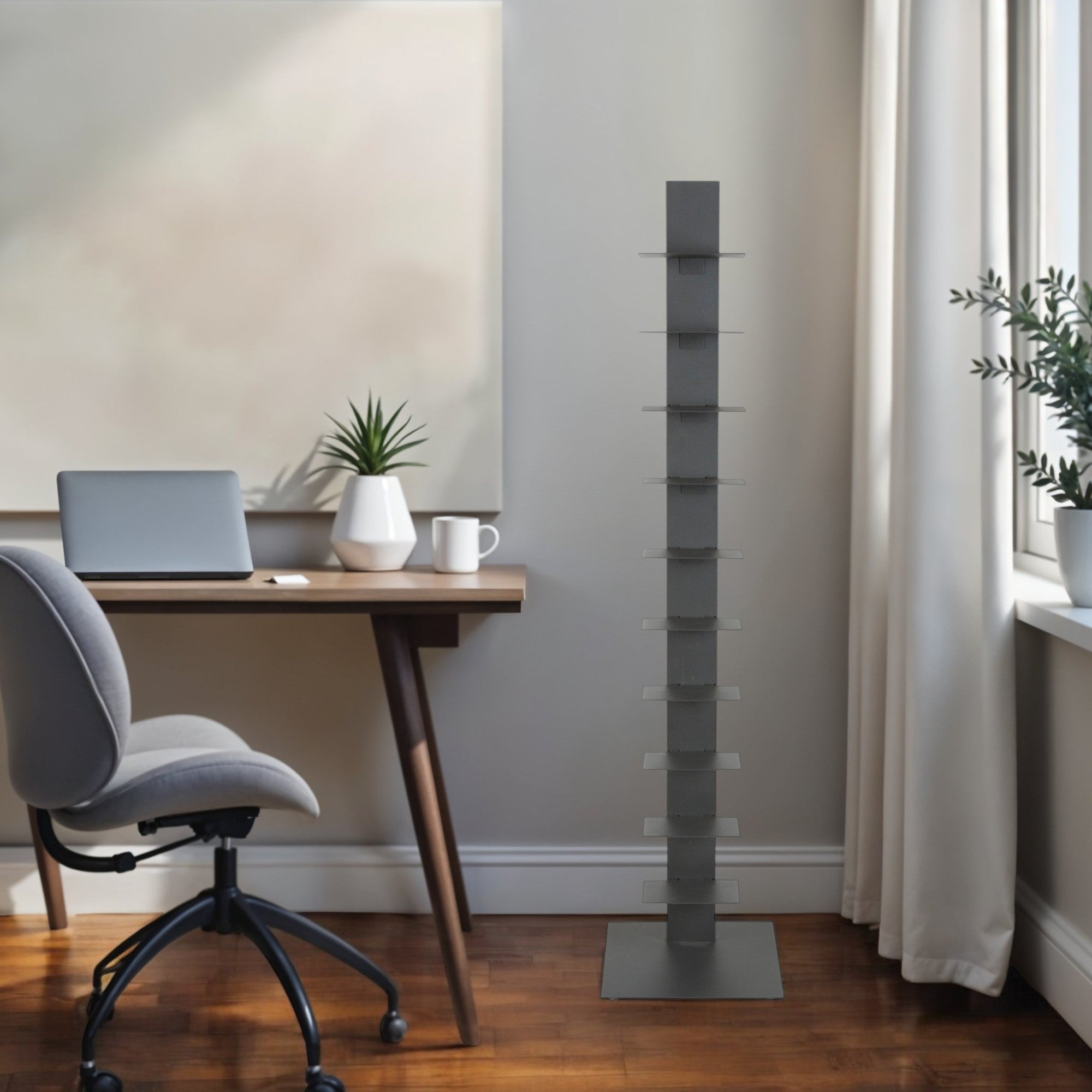 60" Dark Gray Metal Ten Shelf Modern Tower Bookcase