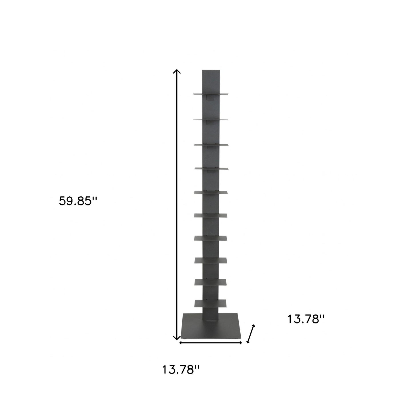 60" Dark Gray Metal Ten Shelf Modern Tower Bookcase