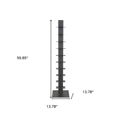60" Dark Gray Metal Ten Shelf Modern Tower Bookcase