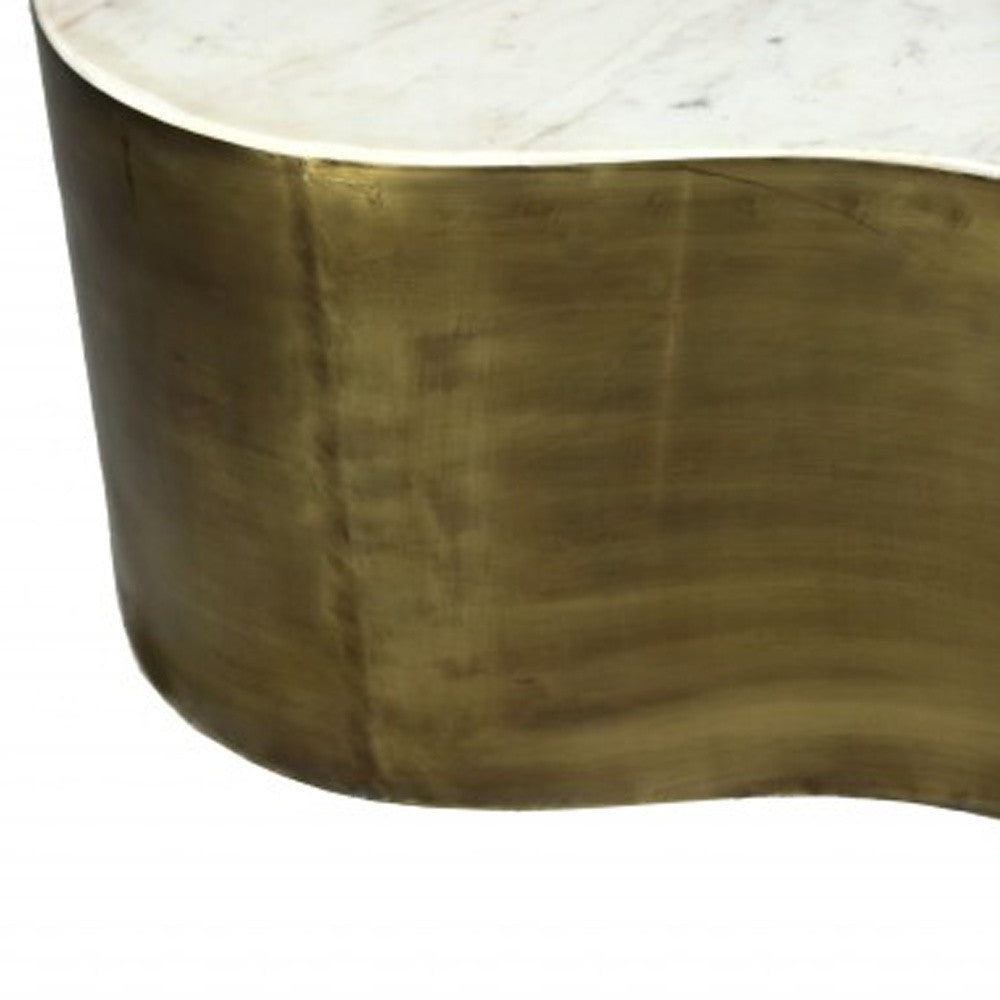 39" White And Brass Genuine Marble And Iron Free Form Solid Coffee Table