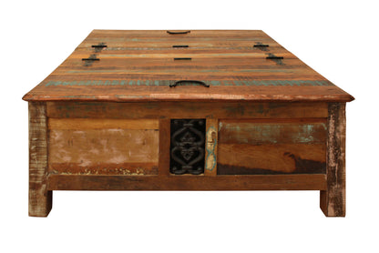 60" Green and Brown Solid Wood Distressed Lift Top Solid Coffee Table