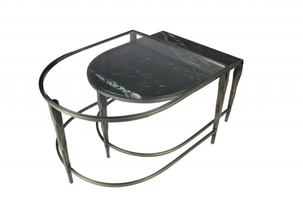 Set of Two Clear and Gold Glass and Iron Oval Frame Nested Coffee Tables