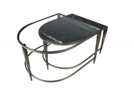 Set of Two Clear and Gold Glass and Iron Oval Frame Nested Coffee Tables