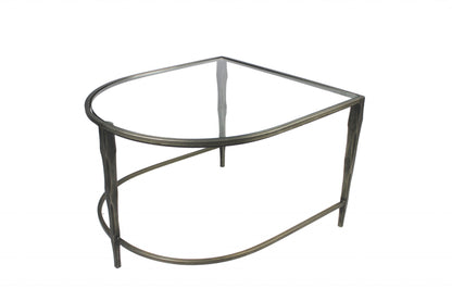 Set of Two Clear and Gold Glass and Iron Oval Frame Nested Coffee Tables
