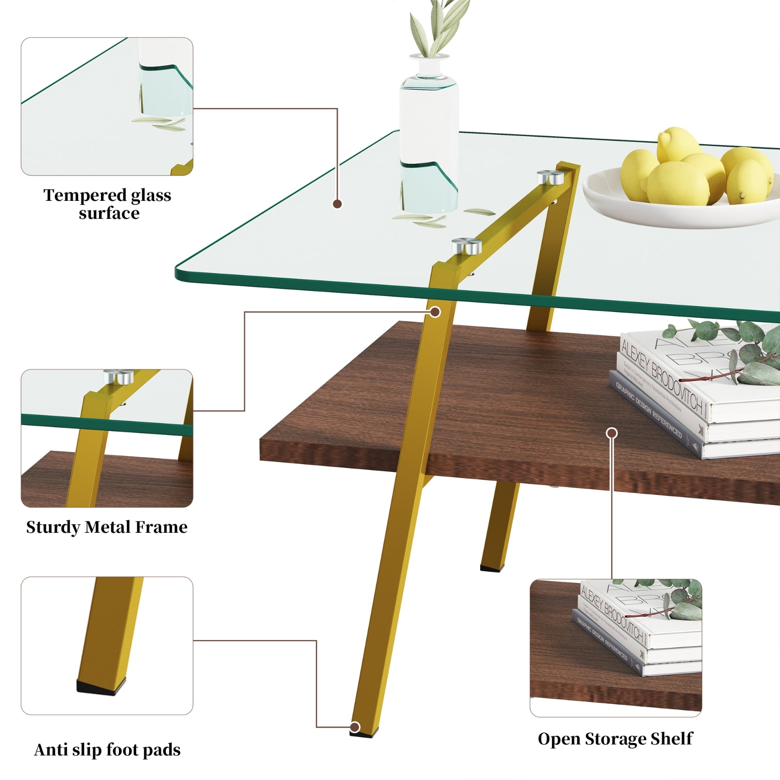 Rectangle Coffee Table, Tempered Glass Tabletop With Gold Metal Legs, Modern Table For Living Room ,