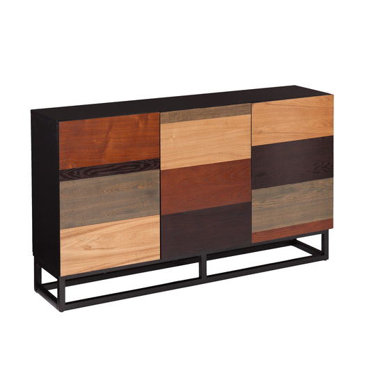 52" Brown Gray And Black Patch Three Door Sideboard Cabinet
