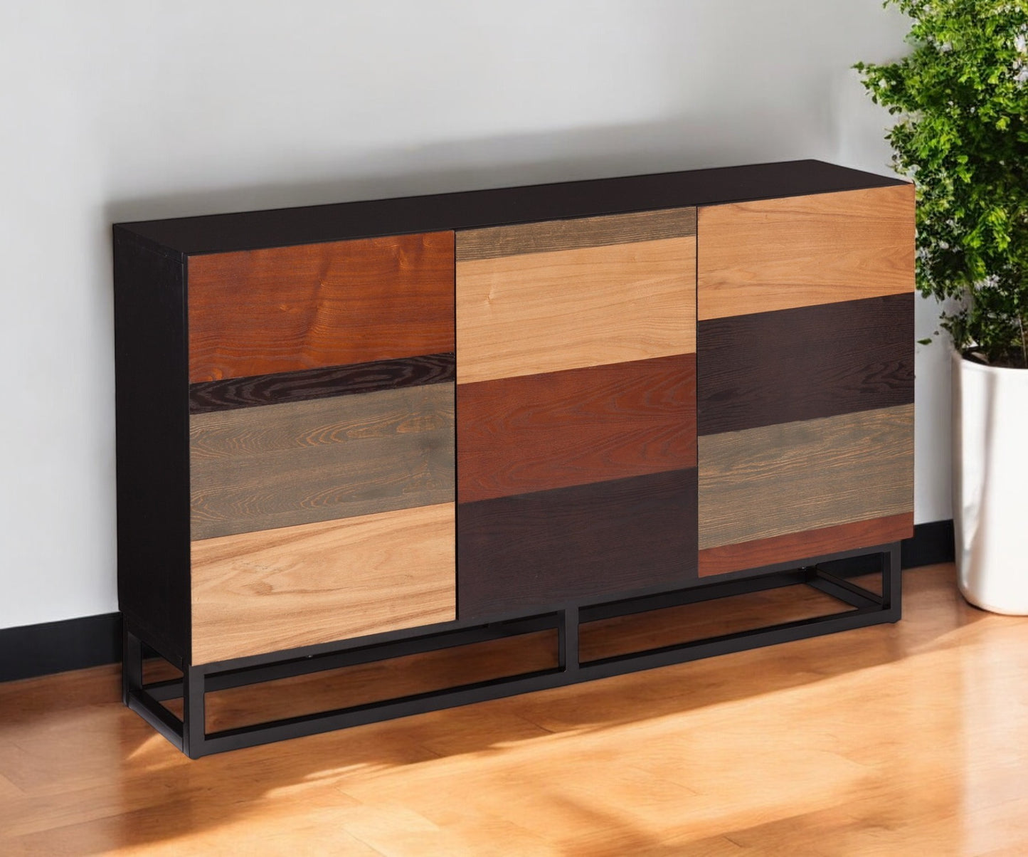 52" Brown Gray And Black Patch Three Door Sideboard Cabinet