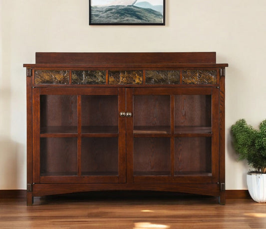 44" Brown Wood With Glass Sideboard with Two Doors