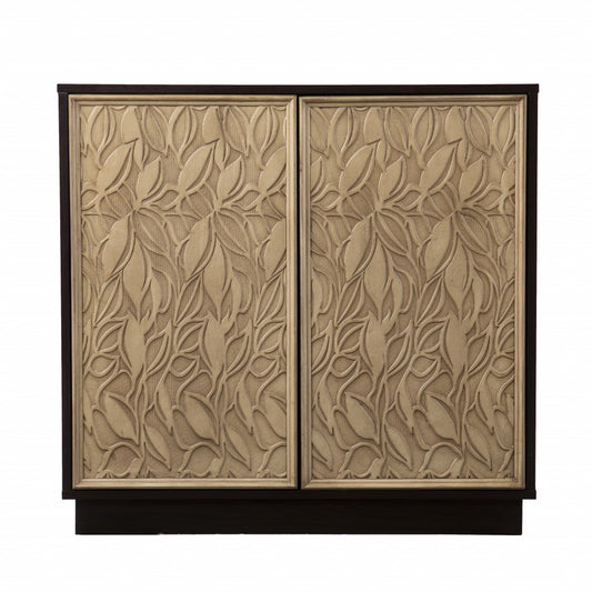 32" Dark Brown And Natural Carved Floral Sideboard with Two Doors