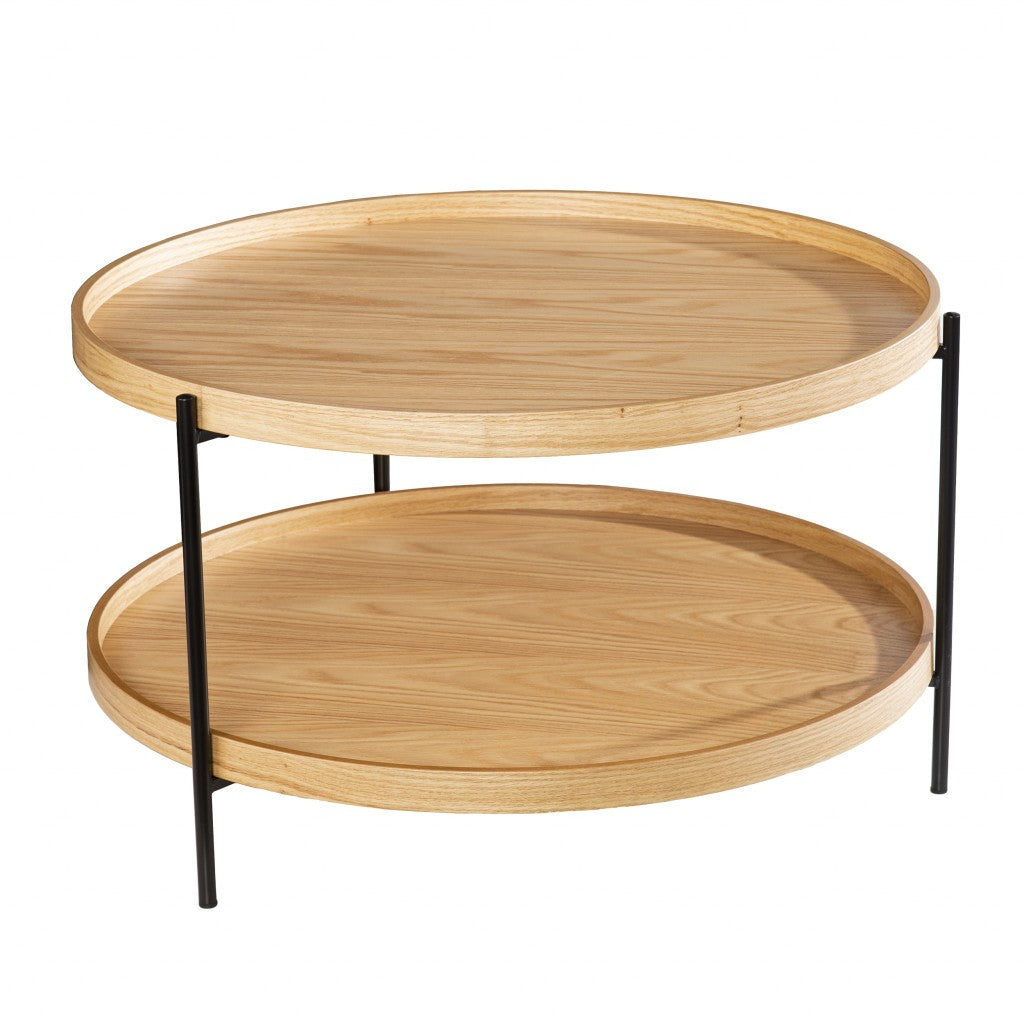 33" Natural and Black Wood and Metal Round Coffee Table