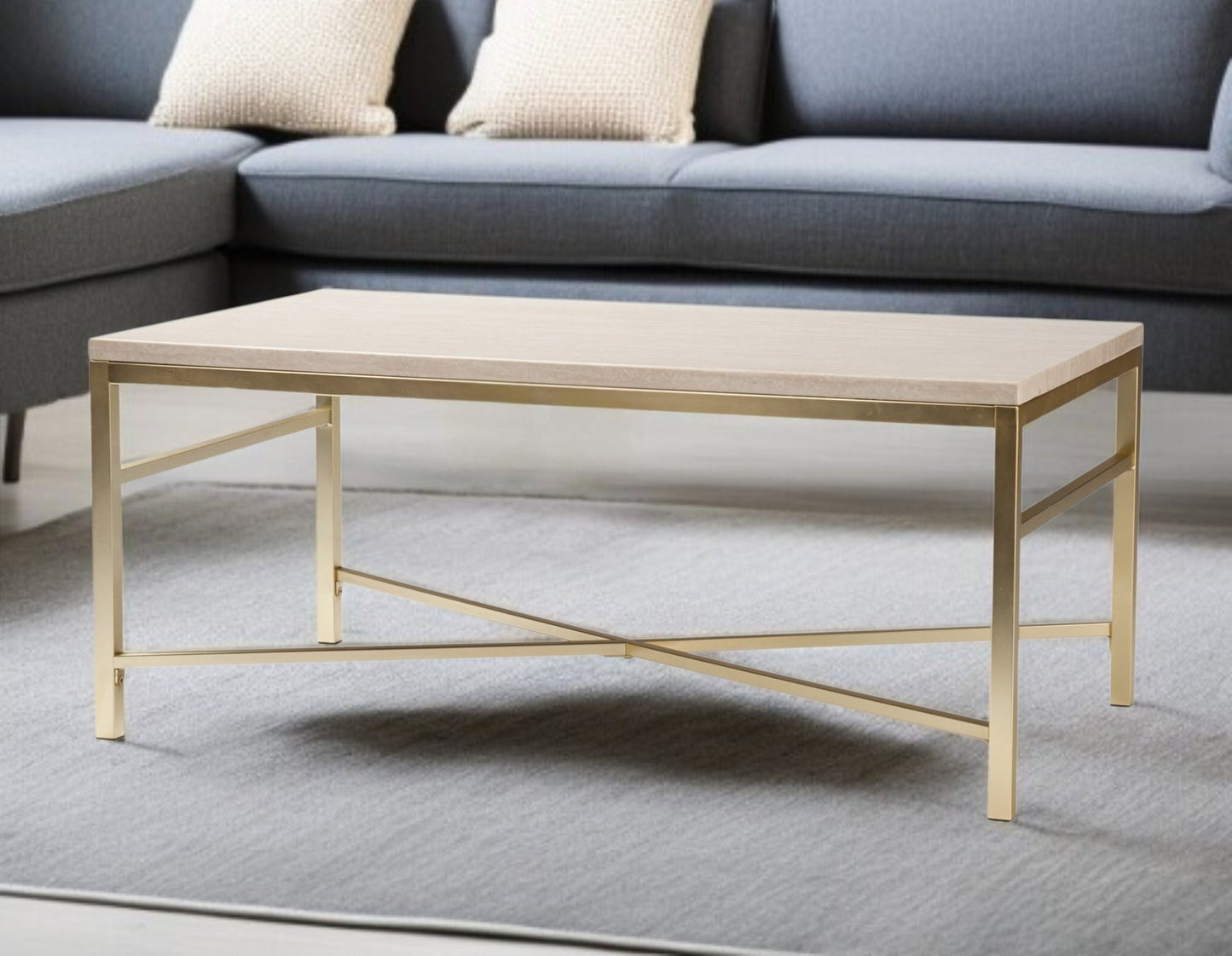 42" Off White Manufactured Wood And Metal Rectangular Coffee Table