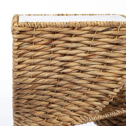 23" Brown And Natural Rattan Swirl Glass Top Square End Table