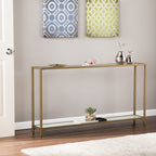 56" Clear and Gold Glass Mirrored Frame Console Table With Shelves