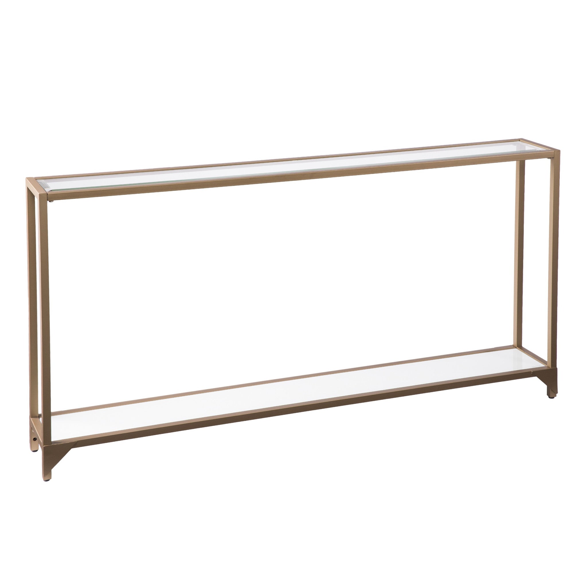 56" Clear and Gold Glass Mirrored Frame Console Table With Shelves