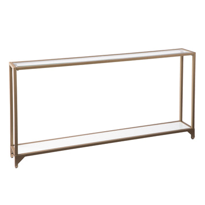 56" Clear and Gold Glass Mirrored Frame Console Table With Shelves