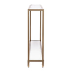 56" Clear and Gold Glass Mirrored Frame Console Table With Shelves