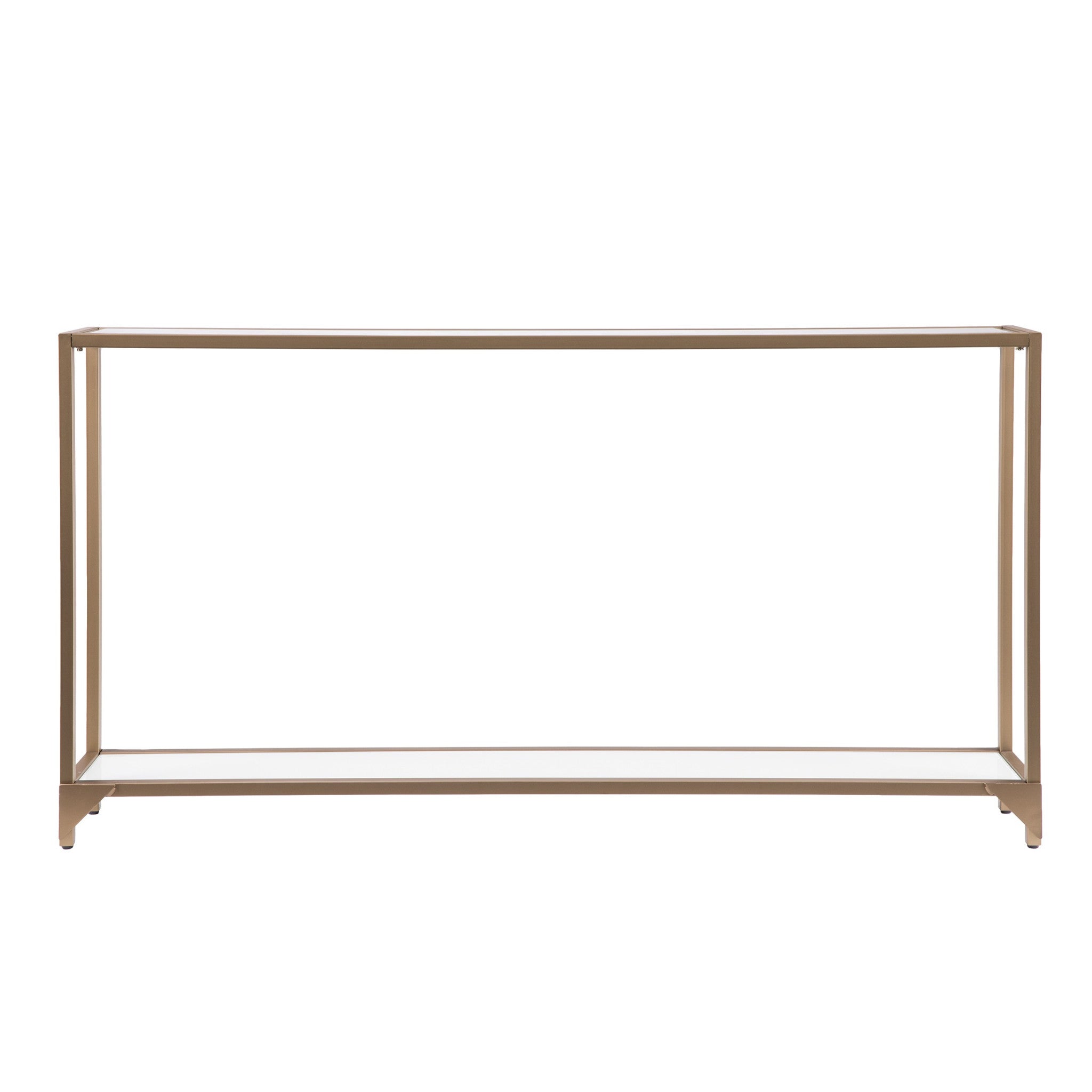 56" Clear and Gold Glass Mirrored Frame Console Table With Shelves