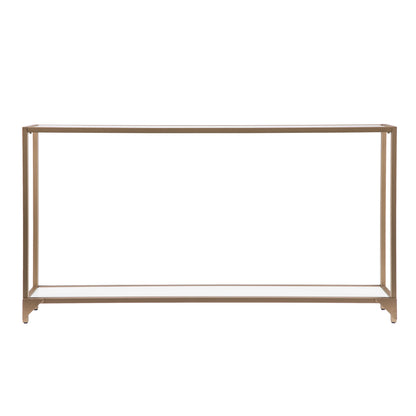 56" Clear and Gold Glass Mirrored Frame Console Table With Shelves