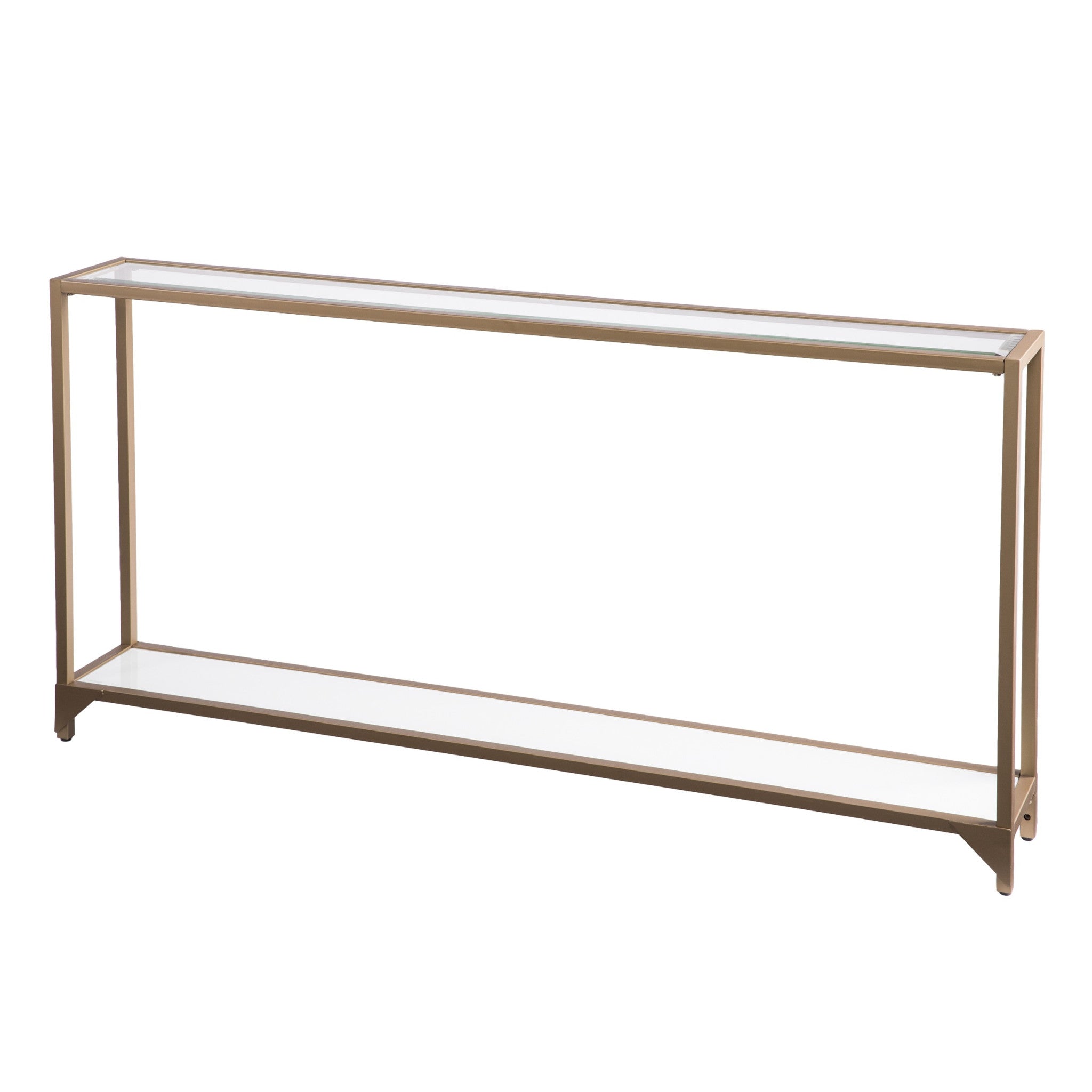 56" Clear and Gold Glass Mirrored Frame Console Table With Shelves