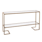52" Clear and Gold Glass Mirrored Sled Console Table With Shelves