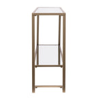 52" Clear and Gold Glass Mirrored Sled Console Table With Shelves