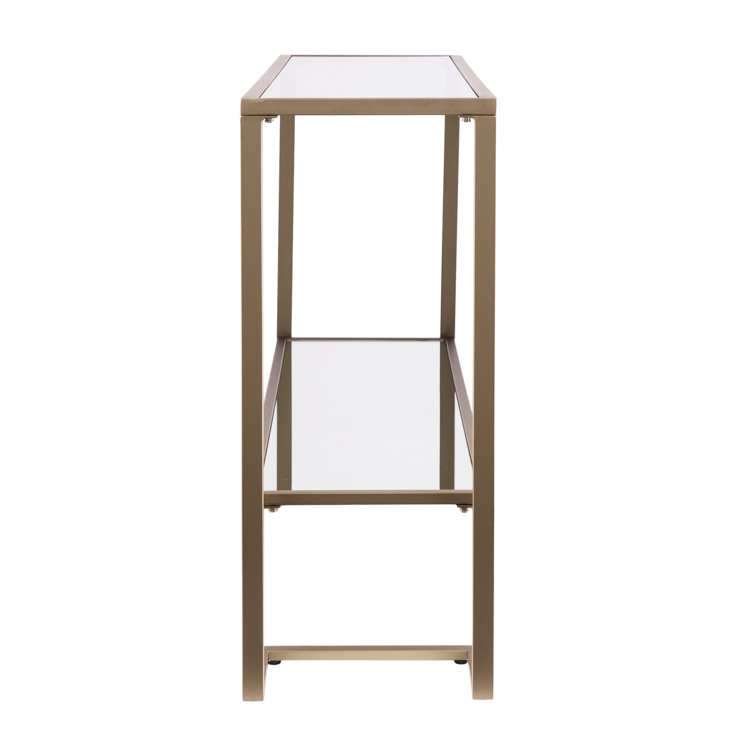 52" Clear and Gold Glass Mirrored Sled Console Table With Shelves