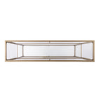 52" Clear and Gold Glass Mirrored Sled Console Table With Shelves