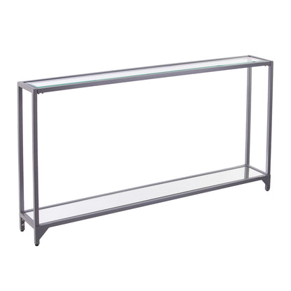 56" Clear and Silver Glass Mirrored Floor Shelf Console Table With Storage