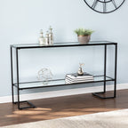 52" Clear and Black Glass Mirrored Sled Console Table With Shelves