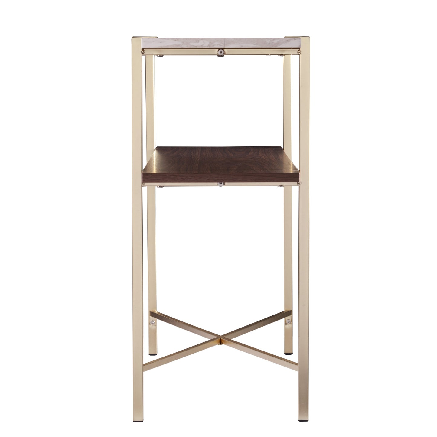 47" White Brass and Brown Faux Marble Console Table With Shelf