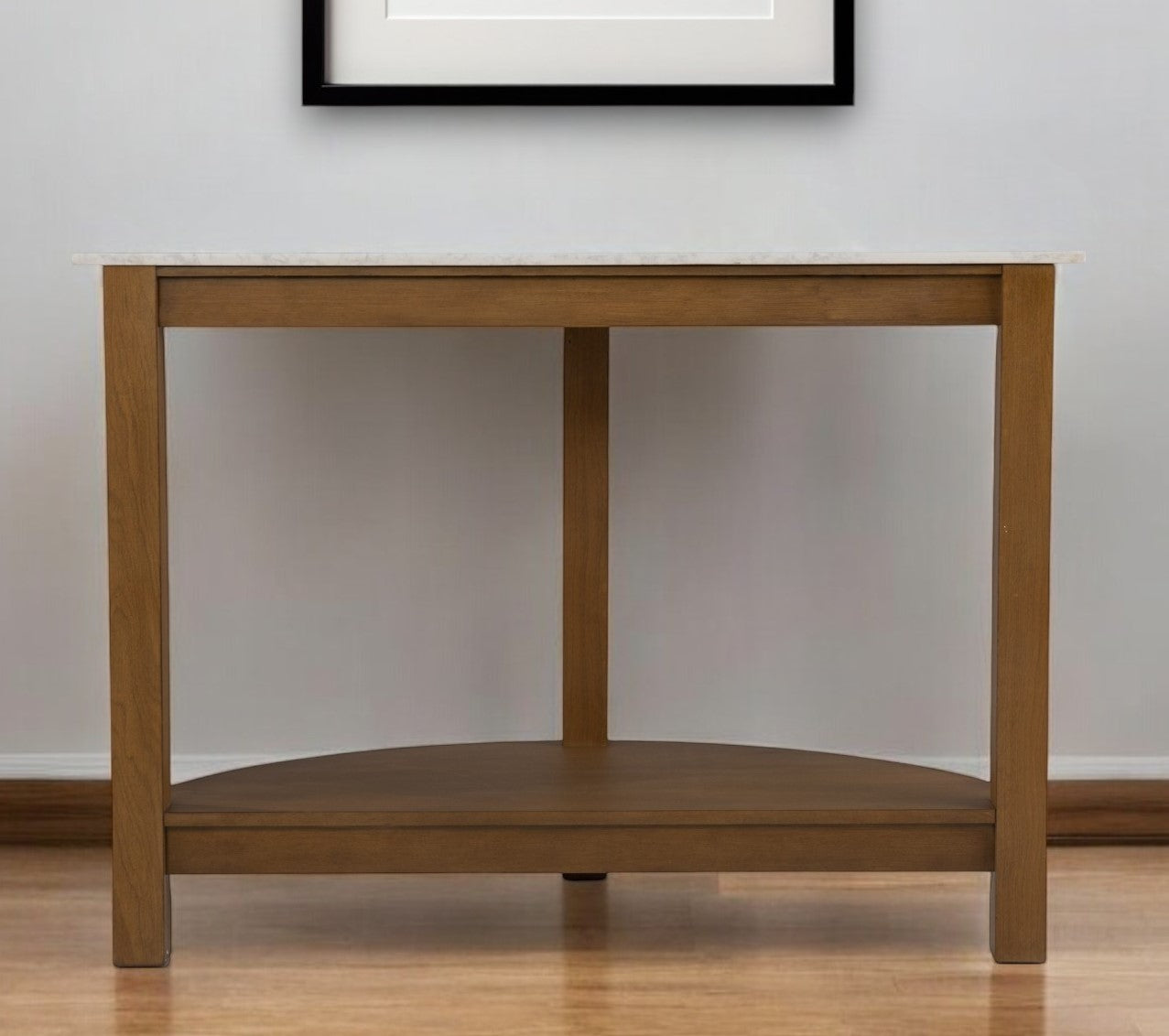 42" White and Natural Faux Marble Half Circle Three Leg Console Table With Shelves
