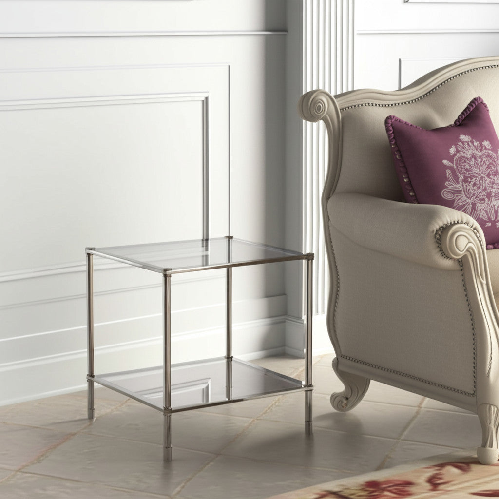 24" Silver Glass And Iron Square Mirrored End Table