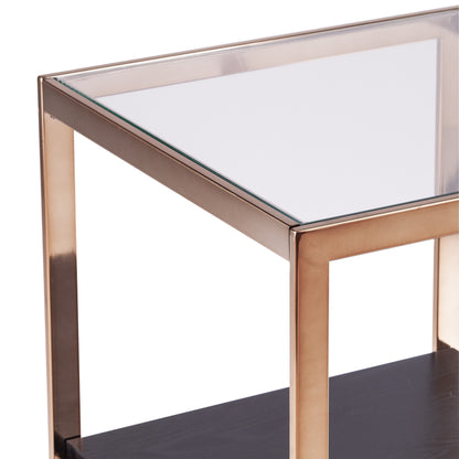 22" Champagne Glass And Iron Square Block End Table With Shelf
