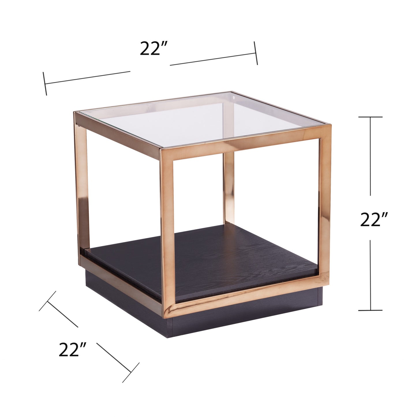 22" Champagne Glass And Iron Square Block End Table With Shelf