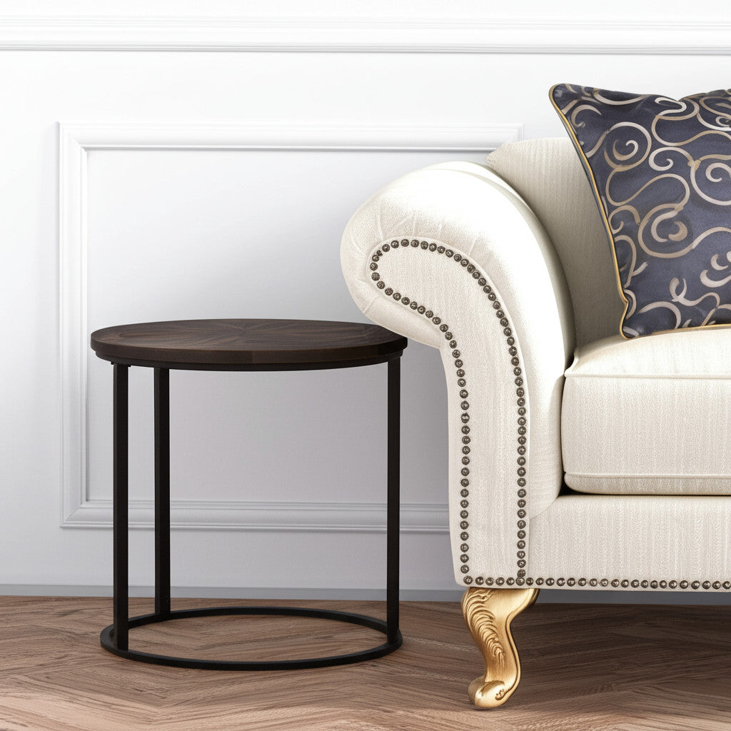 24" Natural Wood Solid Wood And Iron Round End Table