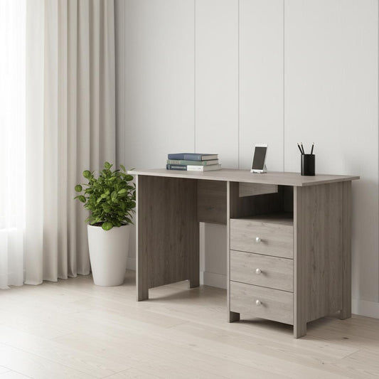 47" Light Gray and Brown Wood Computer Desk With Three Drawers