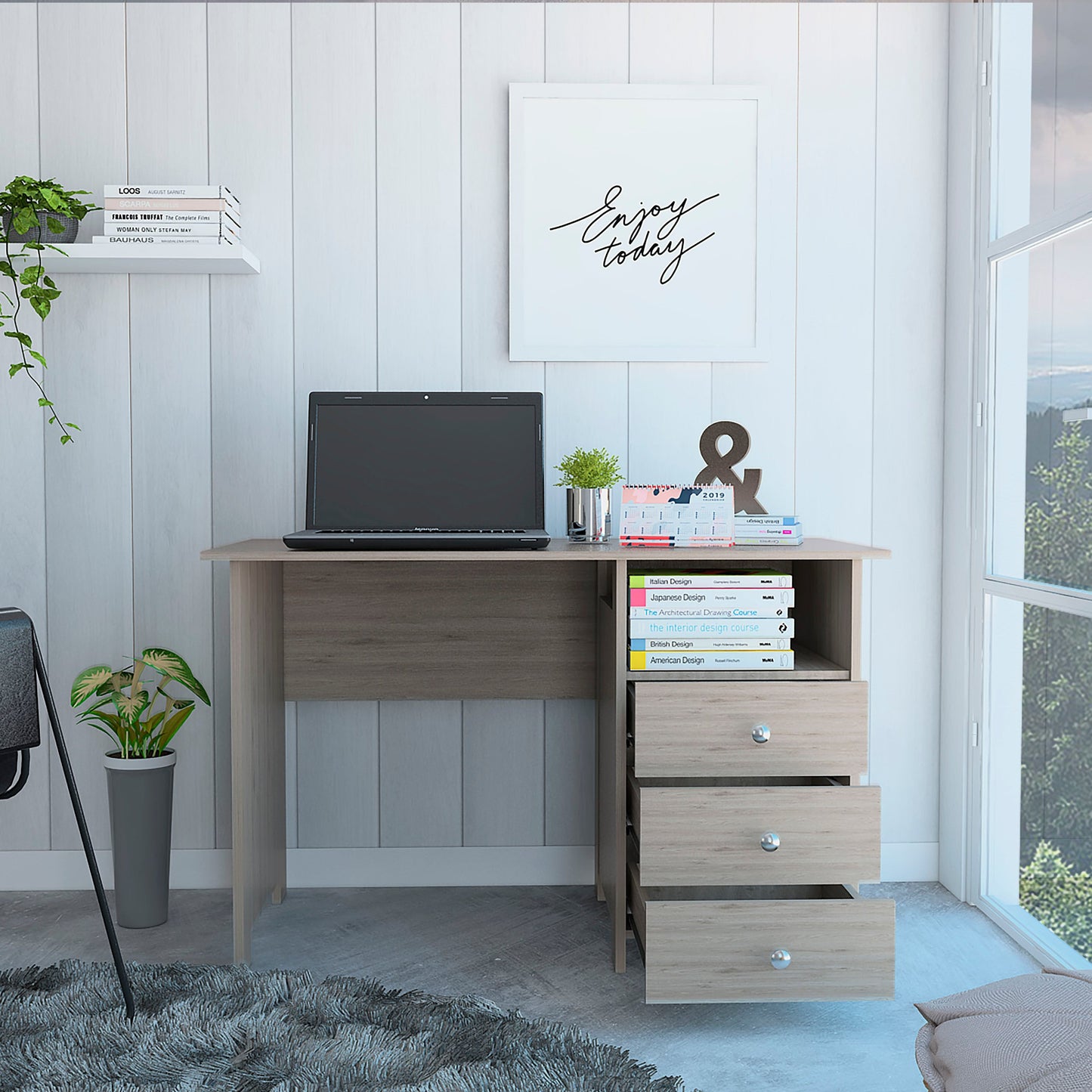47" Light Gray and Brown Wood Computer Desk With Three Drawers