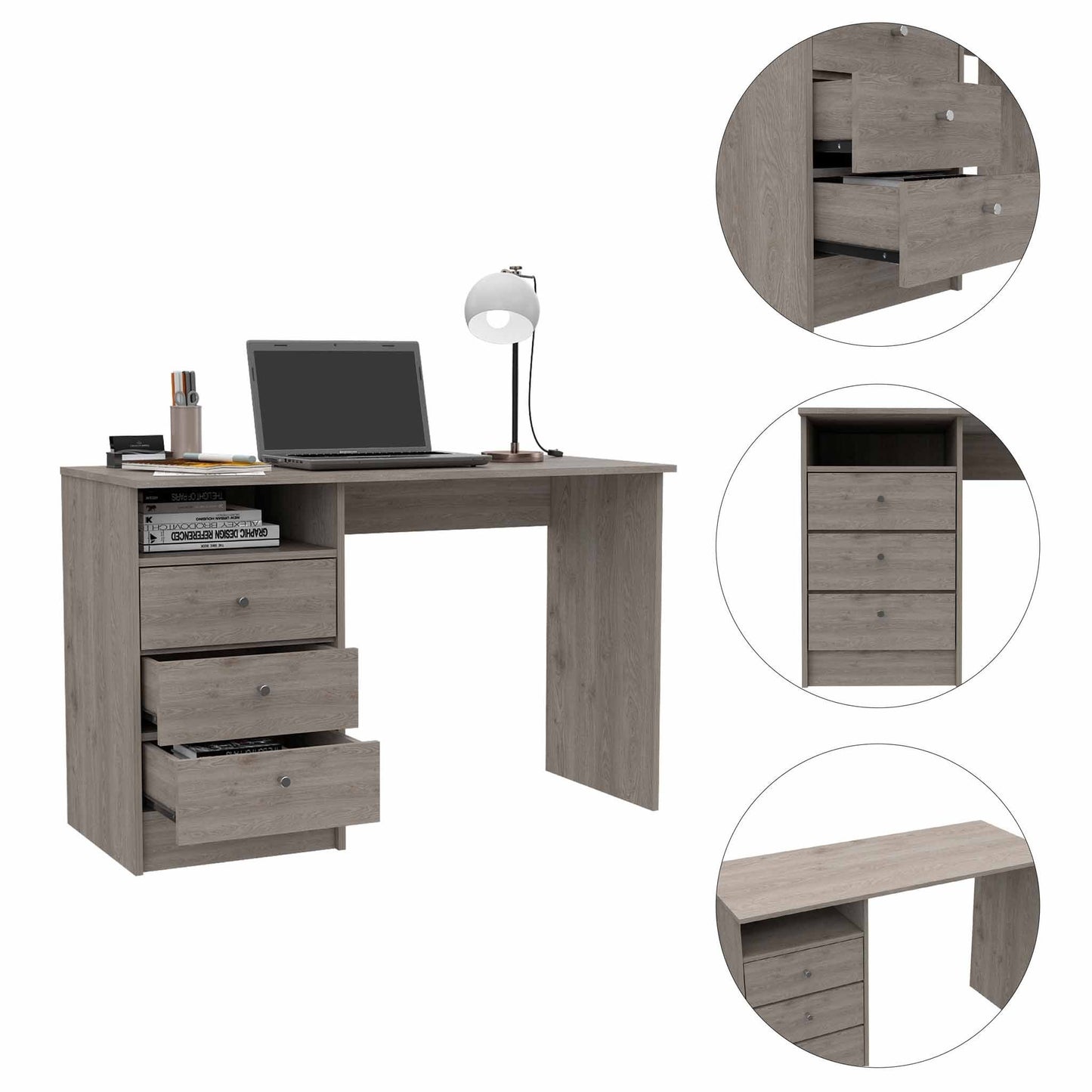 46" Light Gray and Brown Wood Computer Desk With Three Drawers