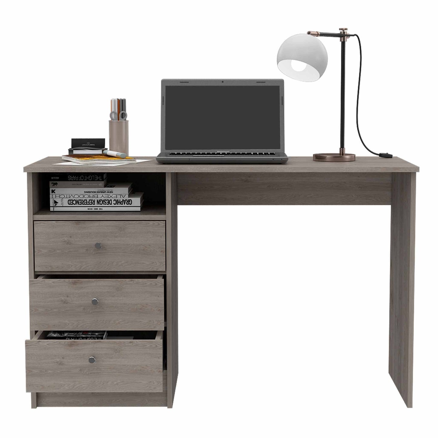 46" Light Gray and Brown Wood Computer Desk With Three Drawers