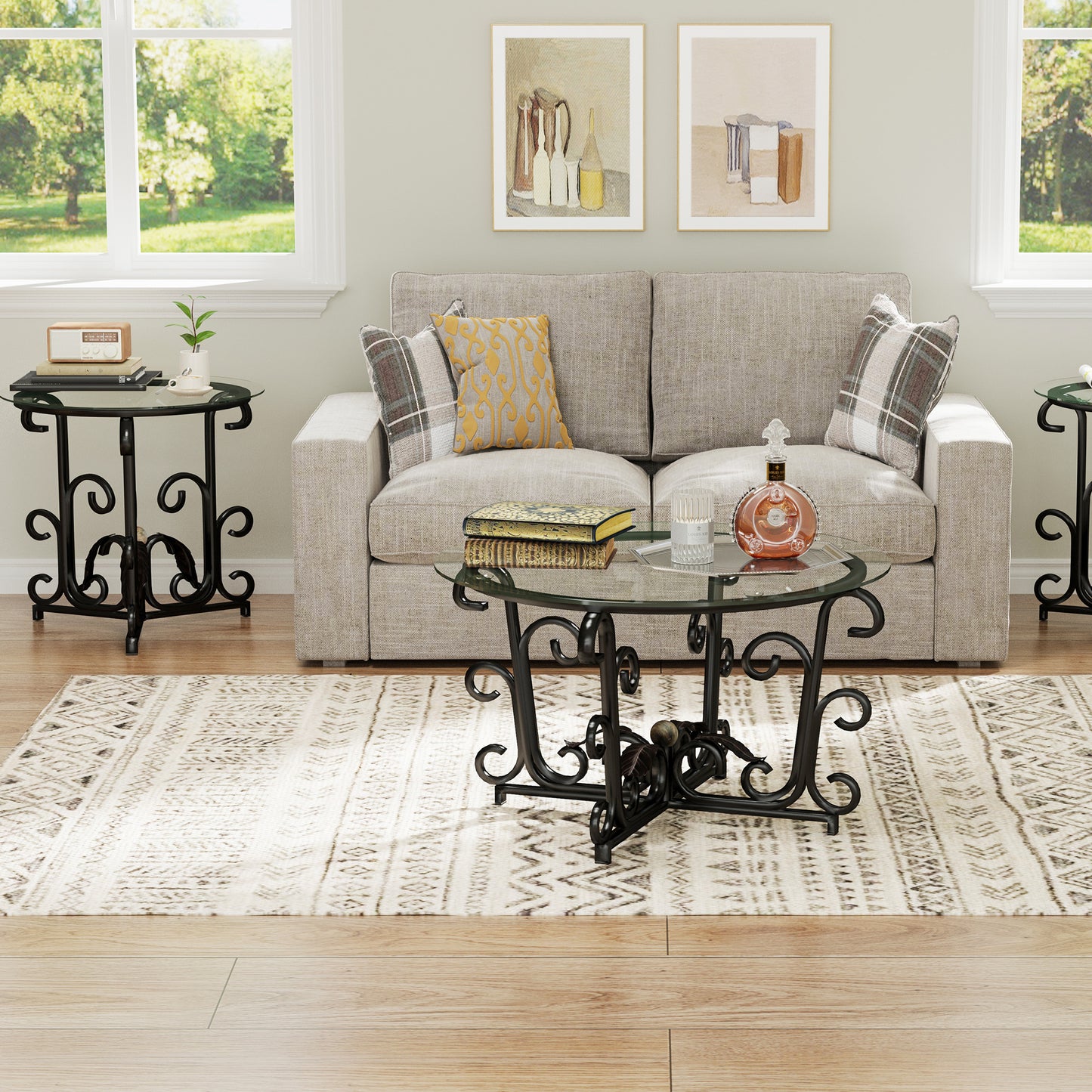 3-Piece Coffee Table Set, Tempered Glass Surface With Sturdy Metal Frame - Modern Living Room Sets 1 Coffee Table 2 End Tables, Scratch-Resistant & Easy To Clean For Small Spaces, Apartments