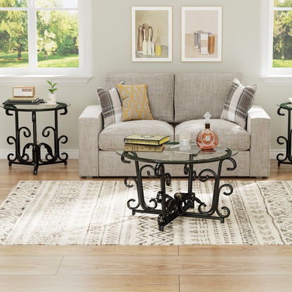 3-Piece Coffee Table Set, Tempered Glass Surface With Sturdy Metal Frame - Modern Living Room Sets 1 Coffee Table 2 End Tables, Scratch-Resistant & Easy To Clean For Small Spaces, Apartments