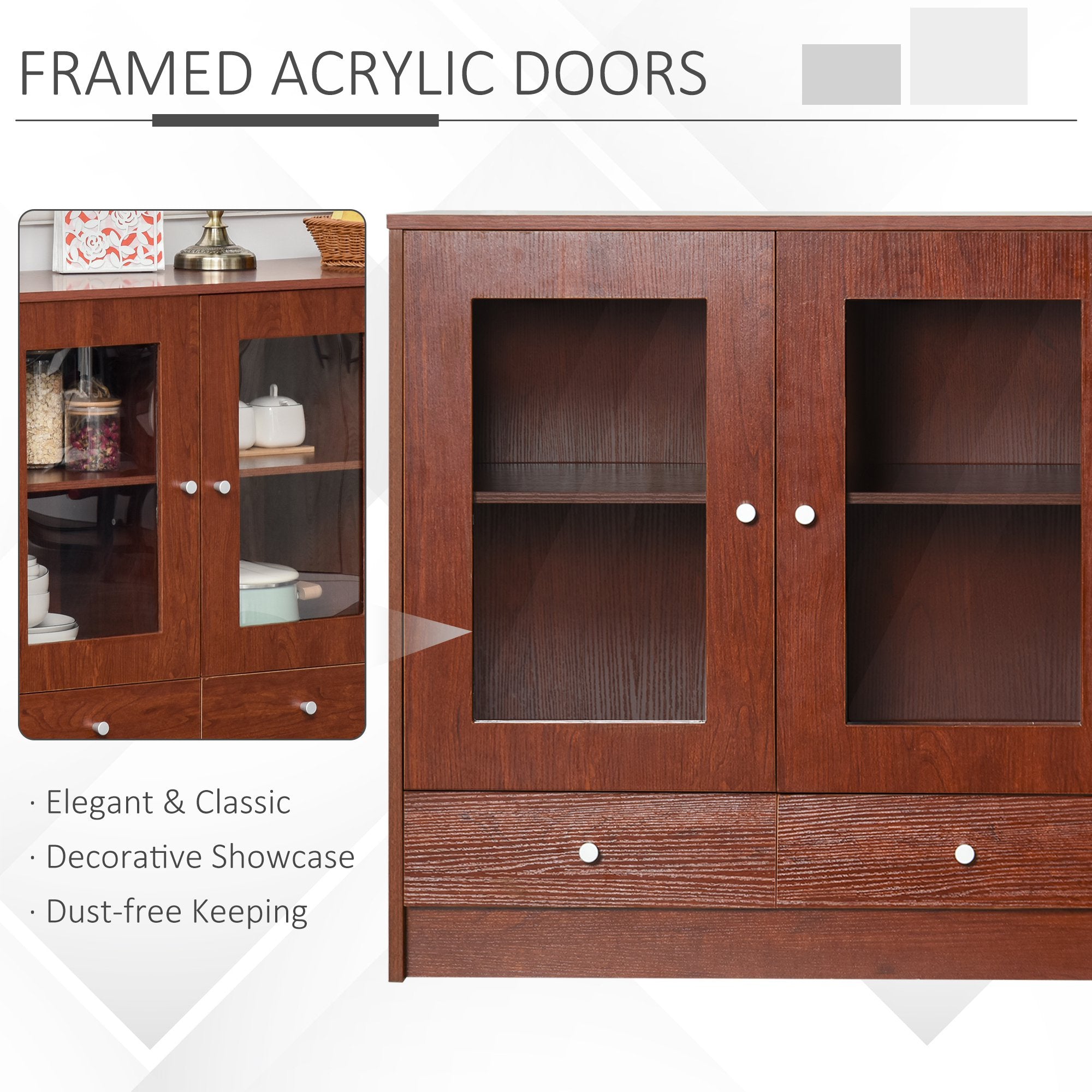 Kitchen Buffet Table Cabinet Storage Sideboard Server Console with Framed Acrylic Doors and Tabletop, Brown