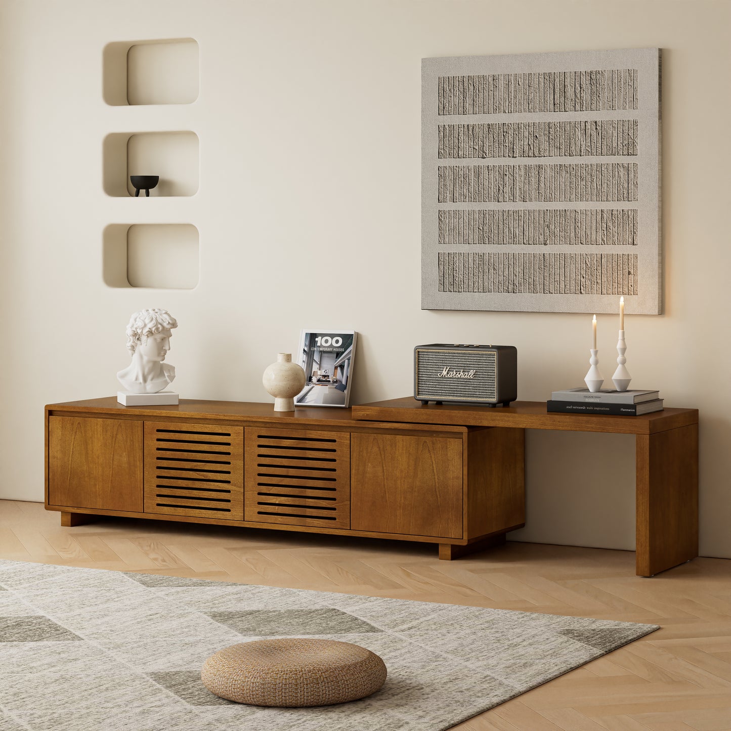 63 Mid-Century Modern Extendable TV Stand For TVs Up To 75, Media Console TV Cabinet For Living Room, Farmhouse Entertainment Cabinet With Storage & Adjustable Panel