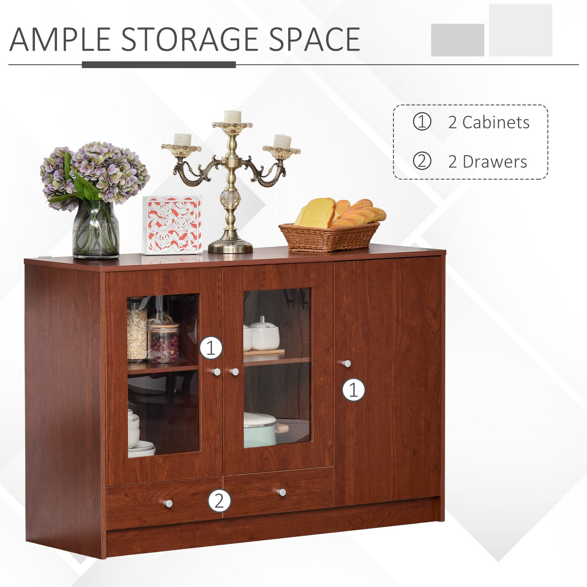 Kitchen Buffet Table Cabinet Storage Sideboard Server Console with Framed Acrylic Doors and Tabletop, Brown